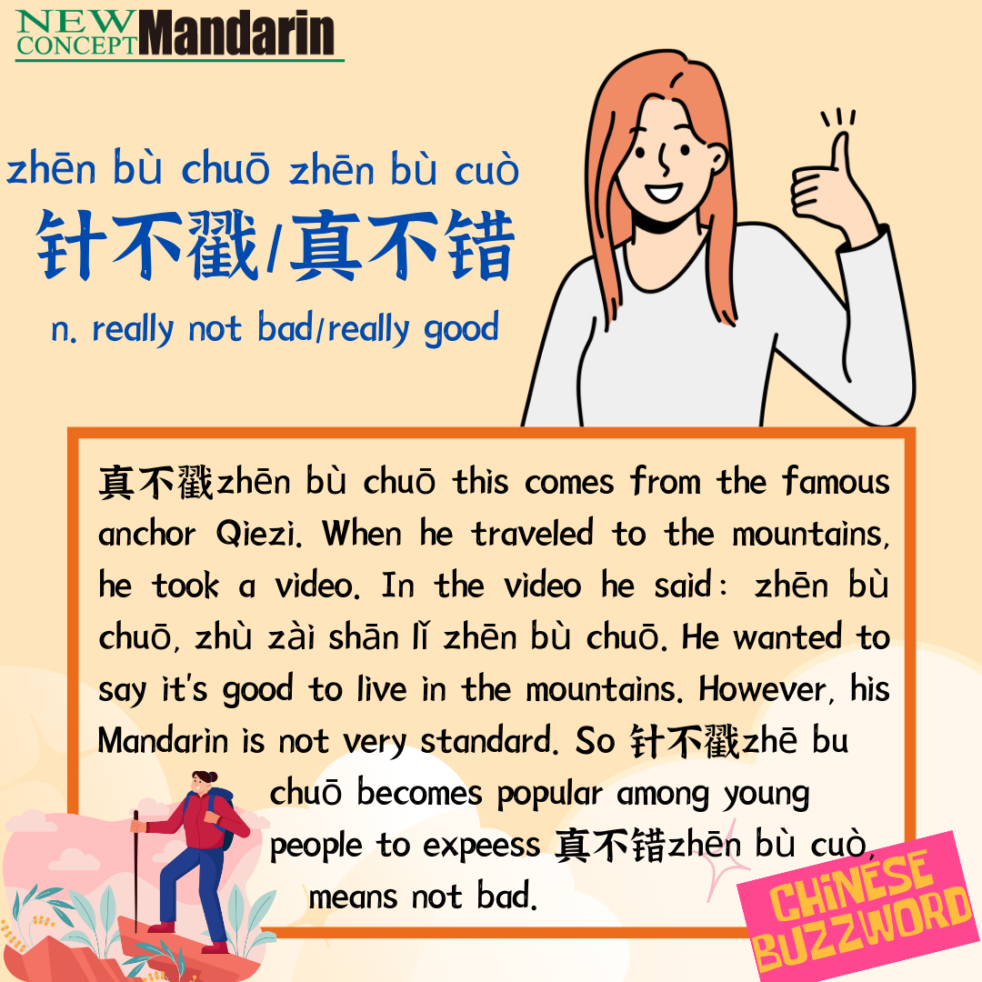 针不戳; really not bad/really good 真不戳 zhēn bù chuō this comes from the famous anchor Qiezi. When he traveled to the mountains, he took a video. In the video he said： zhēn bù chuō, zhù zài shān lǐ zhēn bù chuō. He wanted to say it’s good to live in the mountains. However, his Mandarin is not very standard.