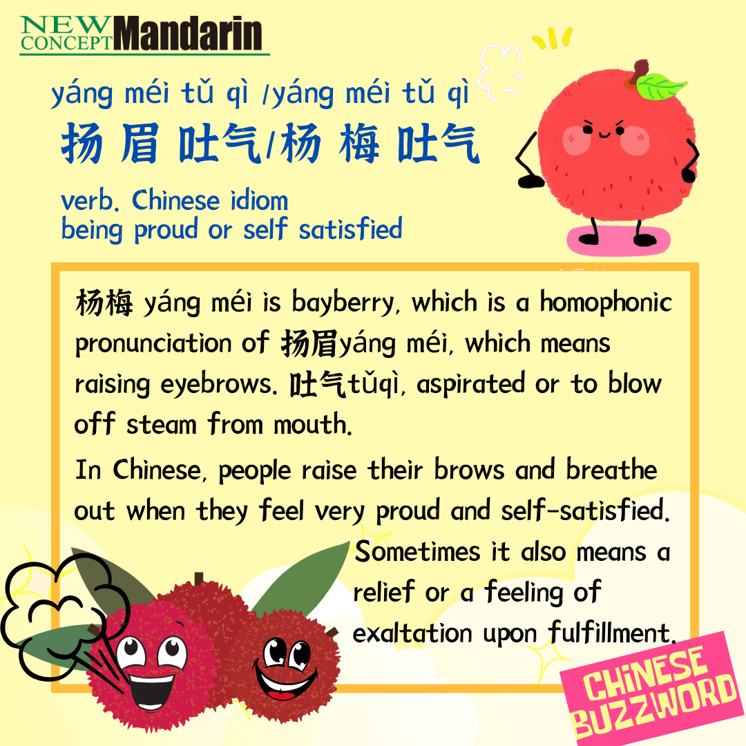 杨梅吐气; Chinese idiom being proud or self satisfied 杨梅 yáng méi is bayberry, which is a homophonic pronunciation of 扬眉yáng méi, which means raising eyebrows. 吐气tǔqì, aspirated or to blow off steam from mouth.