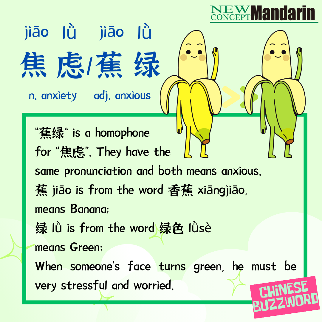 蕉绿; anxious 蕉 jiāo is from the word 香蕉 xiāngjiāo, means Banana; 绿 lǜ is from the word 绿色 lǜsè means Green; When someone’s face turns green, he must be very stressful and worried.