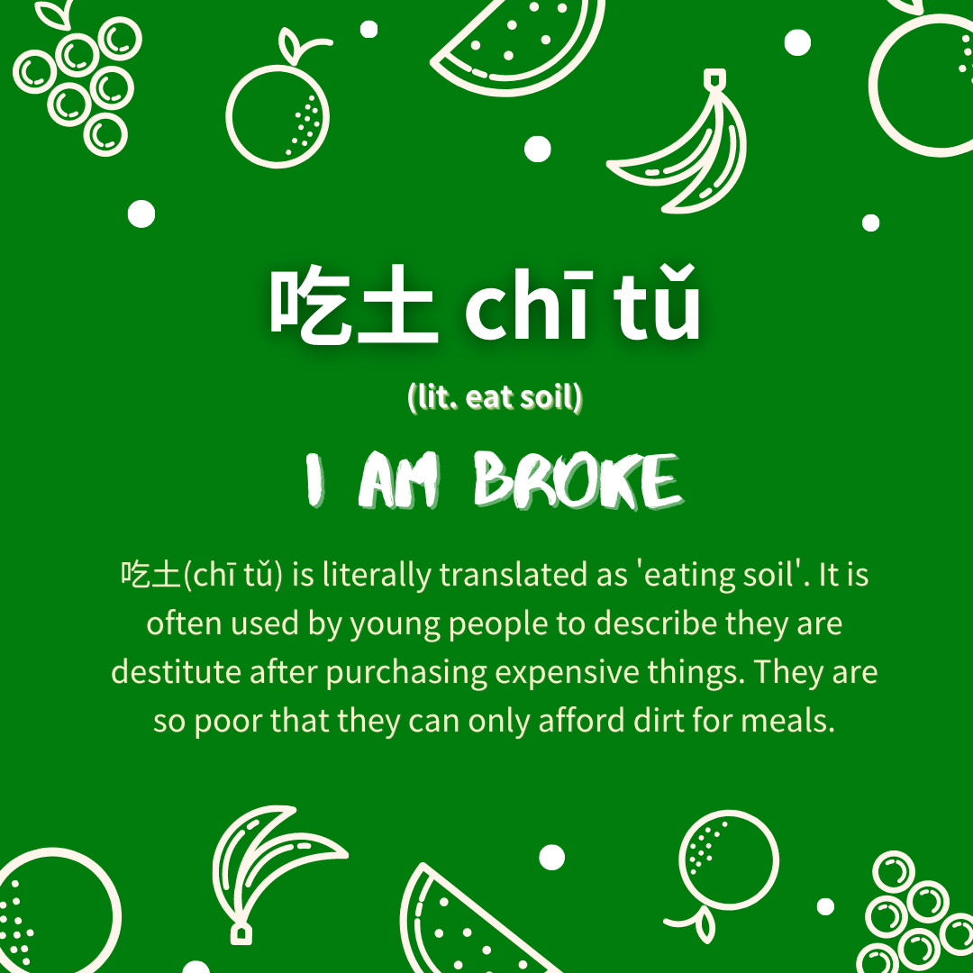 Chi Tu is a common term in China for being so poor you could only afford dirt for meals. This is typically said because one has spent all of their money shopping. 