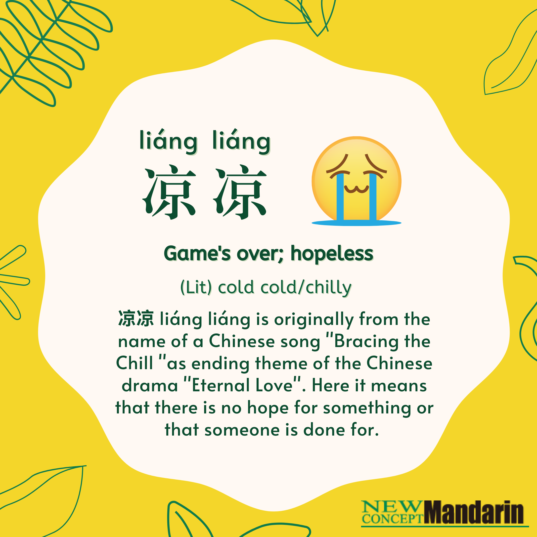 凉凉 liáng liáng Game's over; hopeless. Lit: cold cold/chilly. 凉凉 liáng liáng is originally from the name of a Chinese song 