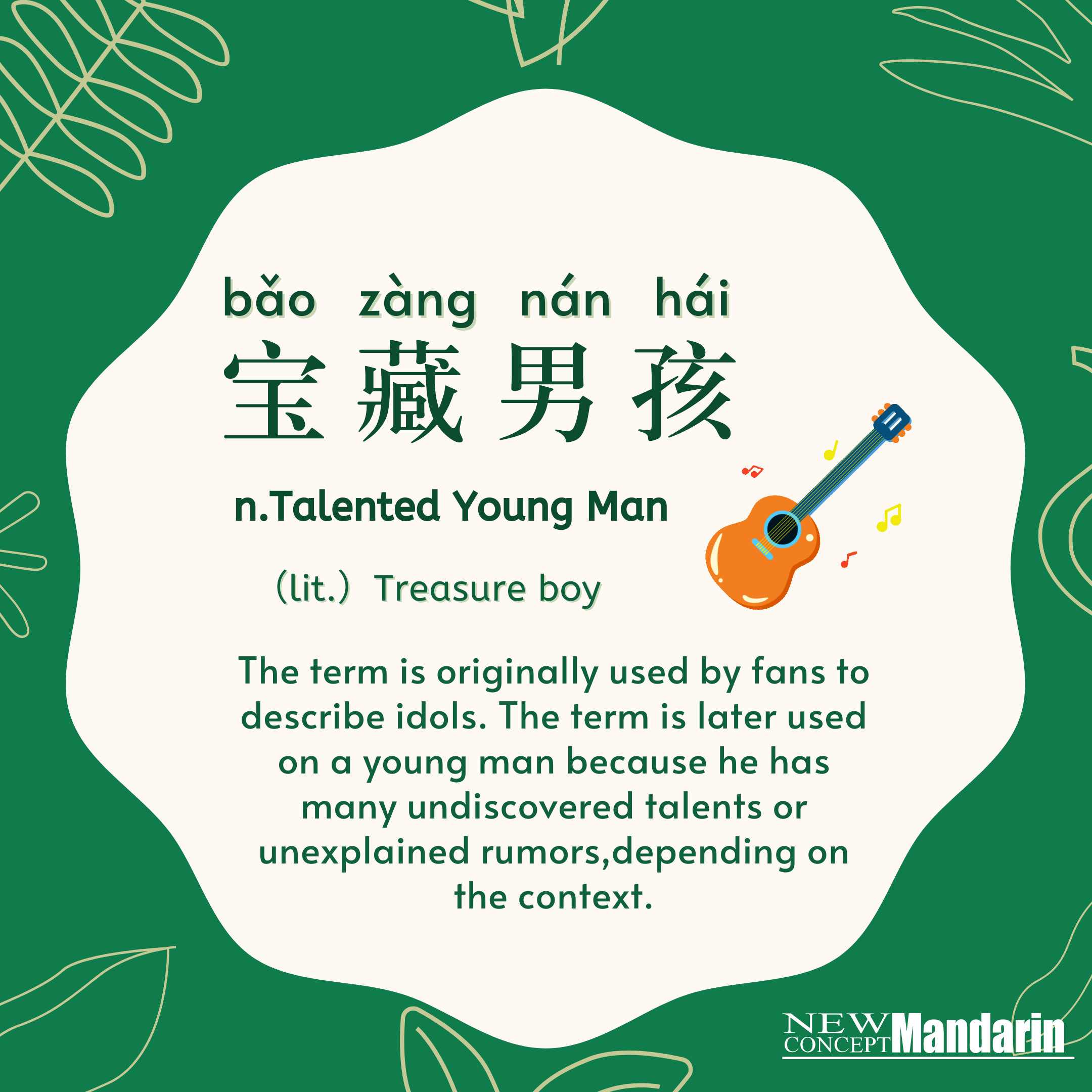 宝藏男孩 bǎozàng nánhái Talented Young Man lit. Treasure Boy: The term is originally used by fans to describe idols they like or dislike, can have different meanings depending on the context. The term is later used on a young man because he has many undiscovered talents or unexplained rumors, always surprises people. 