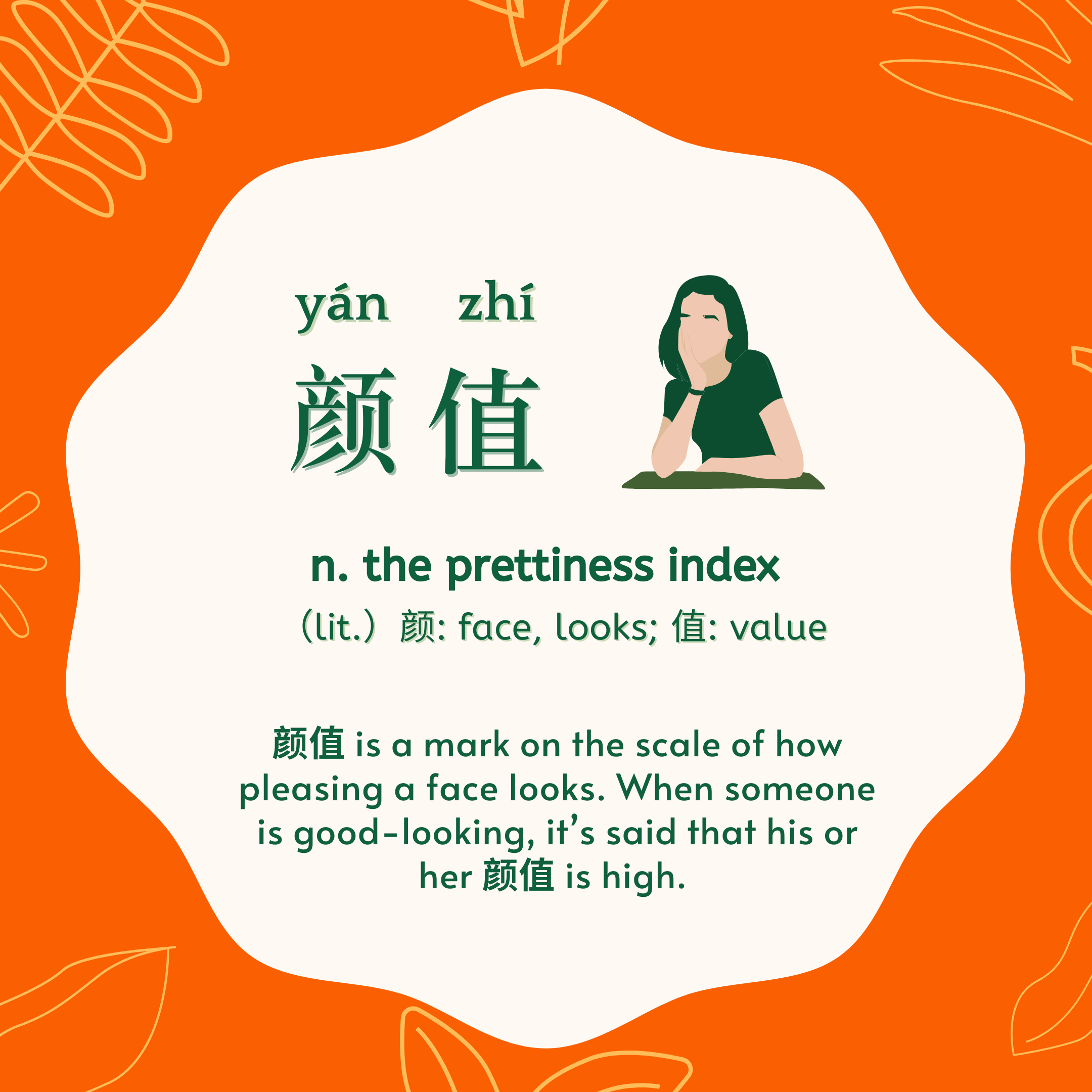 (yánzhí): the literal meaning is the value of a person's face, but in this instance, we use it to mean the rating of how attractive someone's face is. 颜值高 (yánzhí gāo): pretty, handsome, stunning. Not only for men or women, you can also use it to describe that something looks really pretty. 我买它就是因为颜值高。Wǒ mǎi tā, jiùshì yīnwèi yán zhí gāo. I bought it, because it looks so pretty.  